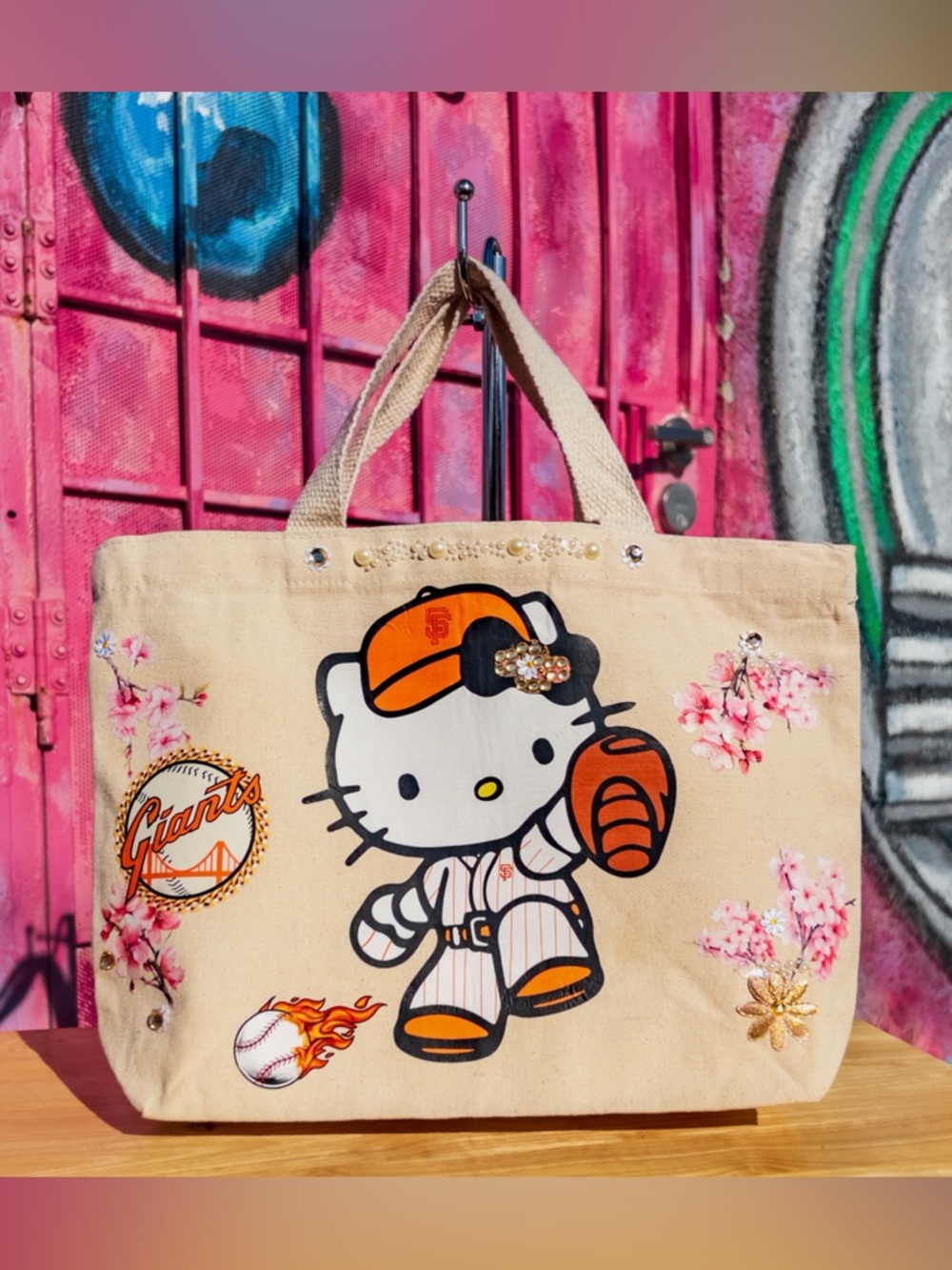 KAWAII SF Baseball Canvas Tote Bag 13” | Custom Cherry Blossom Embroidery